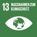 SDG 13 - Massnahmen zum Klimaschutz, Icon mit Schriftzug, abstrakte Weltkugel als Pupille eines Auges auf grünem Grund